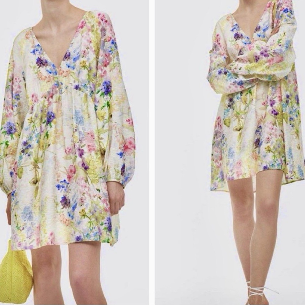 H&M Floral Bohemian V-Neck Dress, Flowy mini with balloon sleeves, Size S, EUC‎